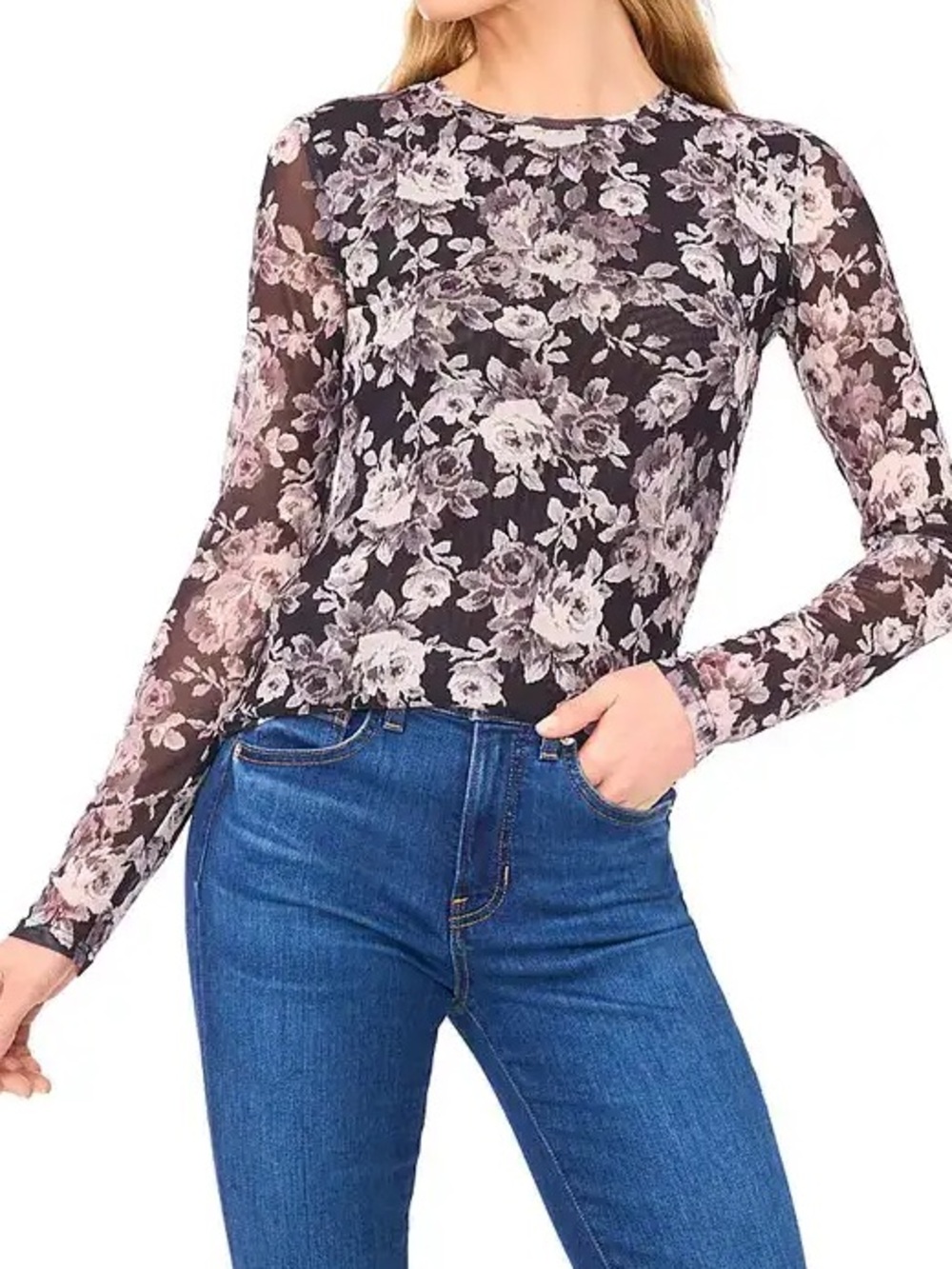 Ted Baker  Black Sheer Floral Velvet Snowfall Long-Sleeve Top Roses